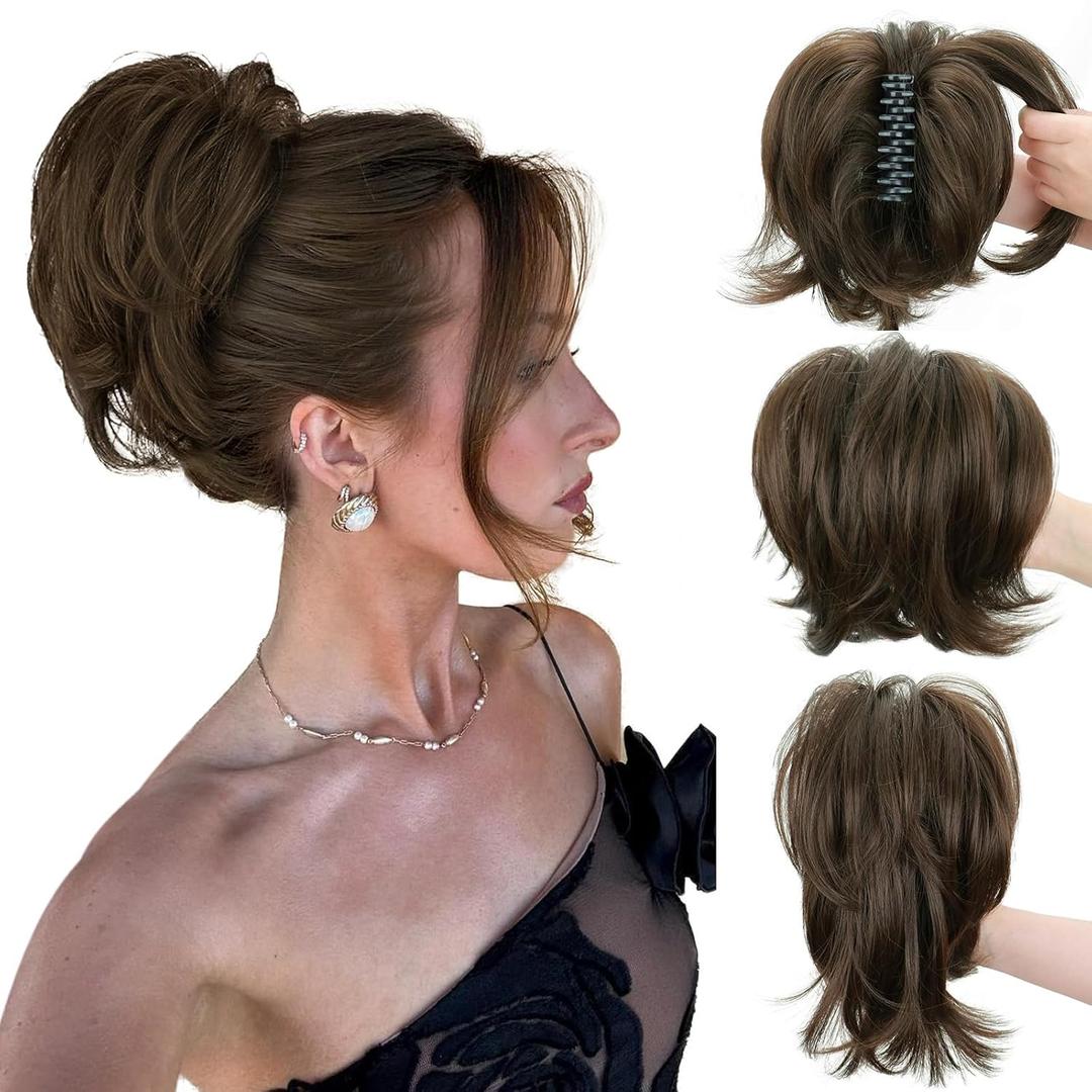 Claw Clip Ponytail Extension - Short Messy Hair Bun Hairpiece for Thin Hair, Straight Synthetic Hair Bun for Secure Hold & Quick Updo, Volumizing DIY Styles for Women(Brown) (8 Inch)