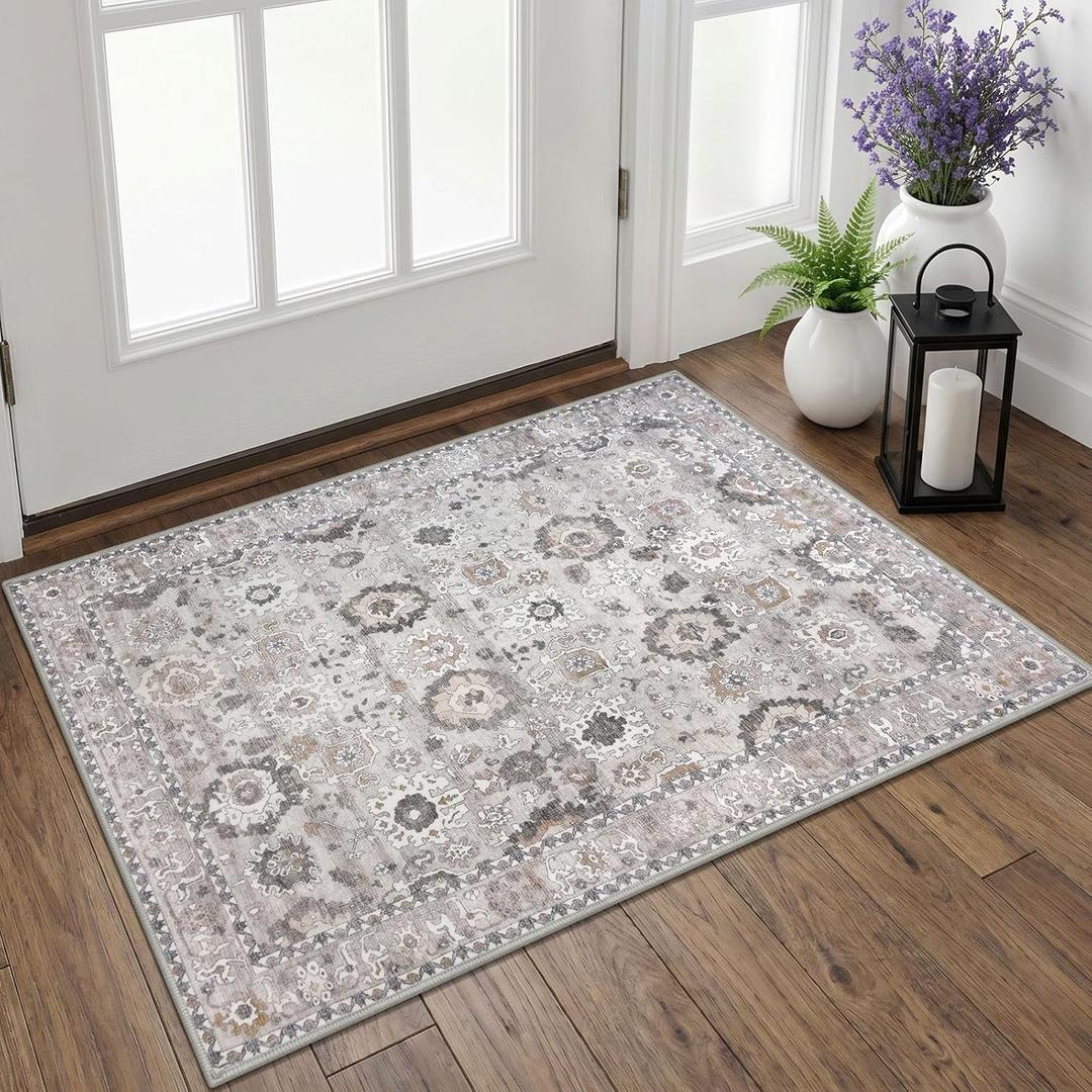 Lansny Vintage Small Area Rug 2x3, Washable Entryway Rug Printed Faux Wool Floral Indoor Door Mat, Non Slip Kitchen Rugs, Soft Thin Throw Rugs Floor Carpet for Front Door Entry Bedroom Sink, Grey