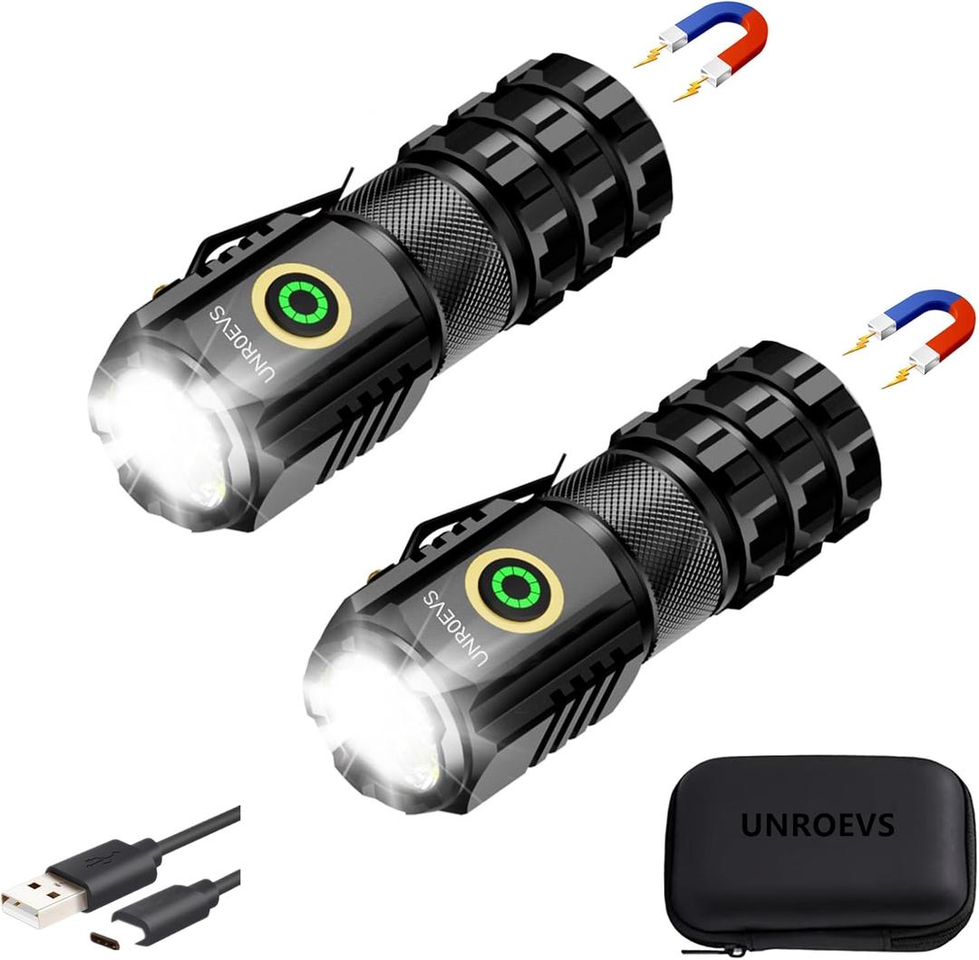 2-Pack XC06 Mini Flashlight Rechargeable,Pocket Flashlight with Magnet,Super Bright Small Compact Flashlight,5 Modes EDC Flashlight for Camping,Emergency. (Black)