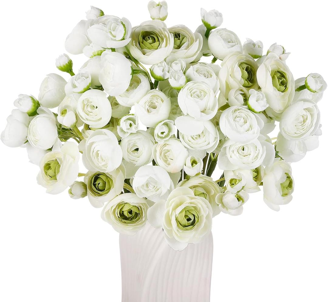 24 PCS Ranunculus Artificial Flowers, 15/10 in Fake Peonies White Faux Flower Bulk Real Touch for Wedding Engagement Centerpieces Arrangements Bridal Shower Home Decor (White)