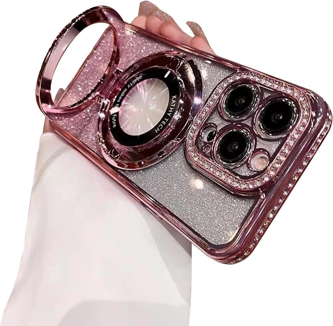Fycyko Magnetic Case for iPhone 14 Pro Max with Holder Stand,Rhinestone Glitter Plated Bling Luxury Phone CaseCompatible with MagSafe Shockproof Kickstand Design for iPhone 14 Pro Max-Pink