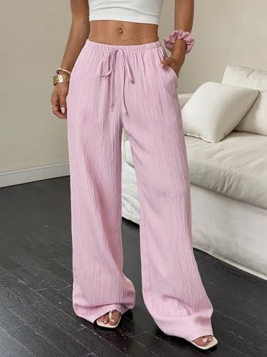 Summer Women's Casual Pants Loose Fit Beach Pants High Waist Drawstring Wide Leg Trousers Pockets Pink, L