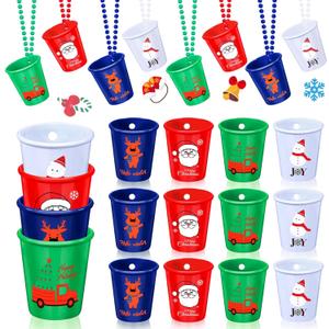 24 Pcs Christmas Shot Glass Necklaces Plastic Shot Glasses on Beaded Necklace Colorful Shot Necklace Cups for Kids Christmas Birthday Party Supplies, 4 Colors