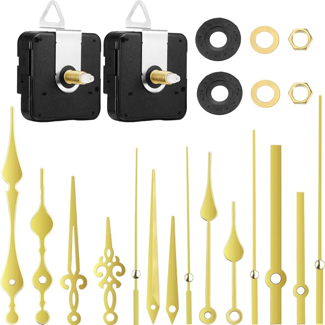 Mudder 2 Pcs Clock Mechanism High Torque Quartz Long Shaft Movement with 5 Pairs Gold Different Hands Replacement Battery Operated Clock Kit Repair Parts