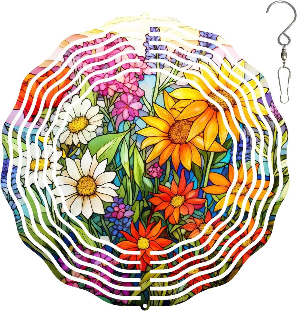 3D Flower Wind Spinner 10 Inch Garden Wind Spinners with Flower Designs for Yard Stainless Steel Flower Spinner with Unique Visual Effect Hanging Flower Wind Sculptures Garden Decor Gift (Colorful Flower)