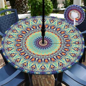 Buwuta Outdoor Tablecloth with Umbrella Hole Waterproof Round Fitted Tablecloth with Elastic Zippered Wipeable Table Cloth Cover for Picnic,Patio,Garden (Teal, 40" (Round))