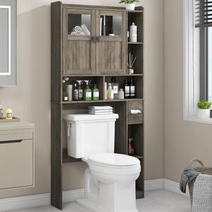 Vabches Over The Toilet Storage Cabinet, Bathroom Shelf Over Toilet with Glass Doors and Adjustable Shelves, Grey Freestanding Home Space Save Toilet Rack, for Restroom, Bathroom, Laundry (W31.69'')