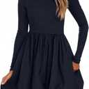 PRETTYGARDEN Fall Dresses for Women 2025 Casual Long Sleeve Bubble Cute Crew Neck A Line Mini Short Dress with Pockets 
(Navy, Small)