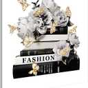 Dream Land Fashion Books Flower Wall Art: Black White Book Stack Picture 12"x12" Glam Gold Foils Butterfly Canvas Prints