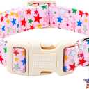 Elegant Little Tail 4th of July Dog Collar with Pendant, Patriotic Pink Stars Patriot Pattern Cotton, Sturdy Quick-Release Plastic Buckle, Girl Adjustable Pet Collar for Medium Dogs