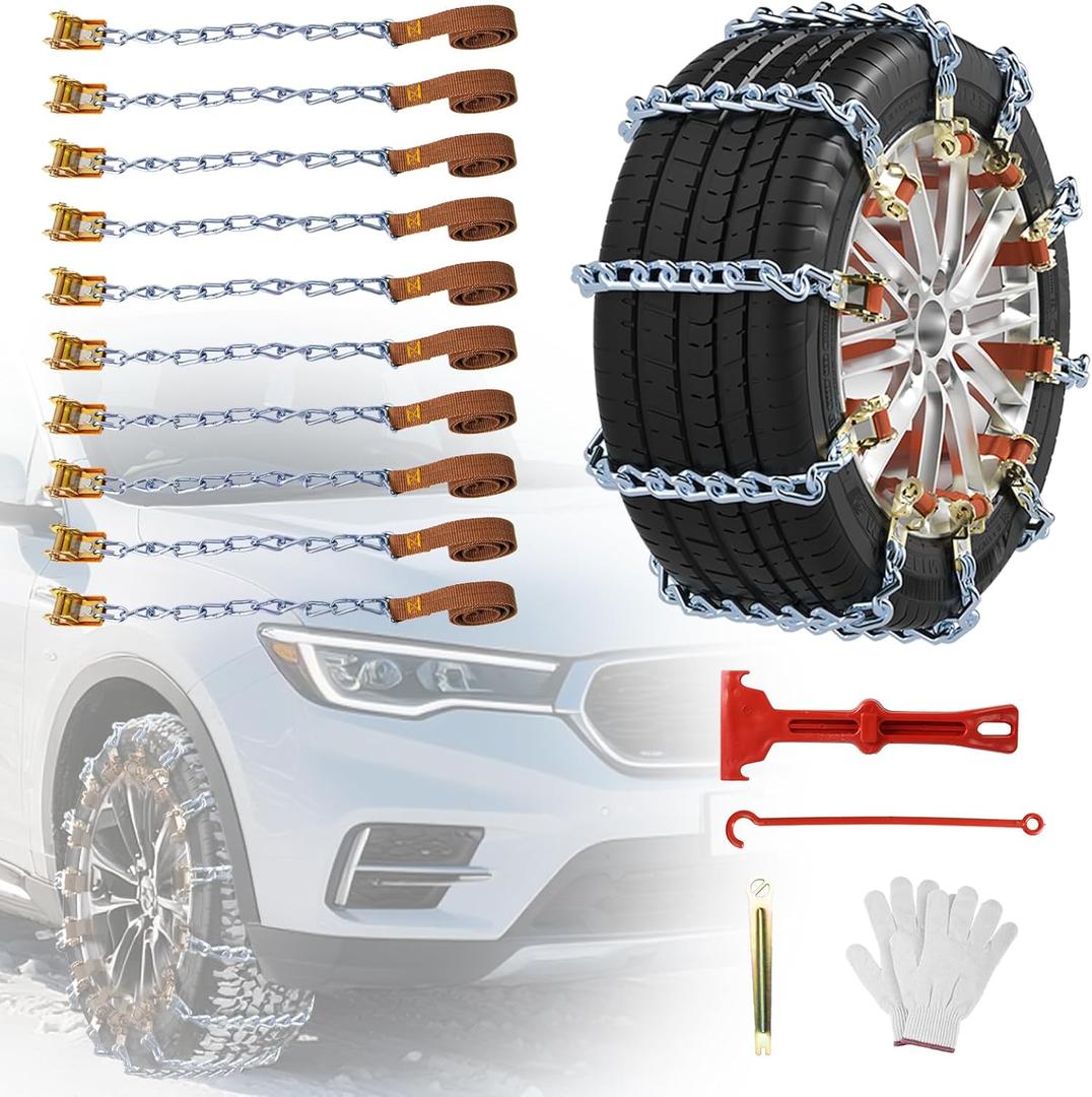 Qoosea Snow Chains for Car 10Pcs Tire Chains for SUV Manganese Steel Tire Chains Heavy Duty Universal Anti-Slip Chains for Tires Durable Tire Cables