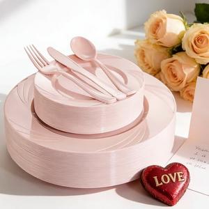 YOUBET 125 PCS Pink Plastic Plates - Light Pink Birthday Plates Include 25 Dinner Plate, 25 Dessert Plate, 75 Silverware for Baby Shower & Birthday Parties Valentines Day