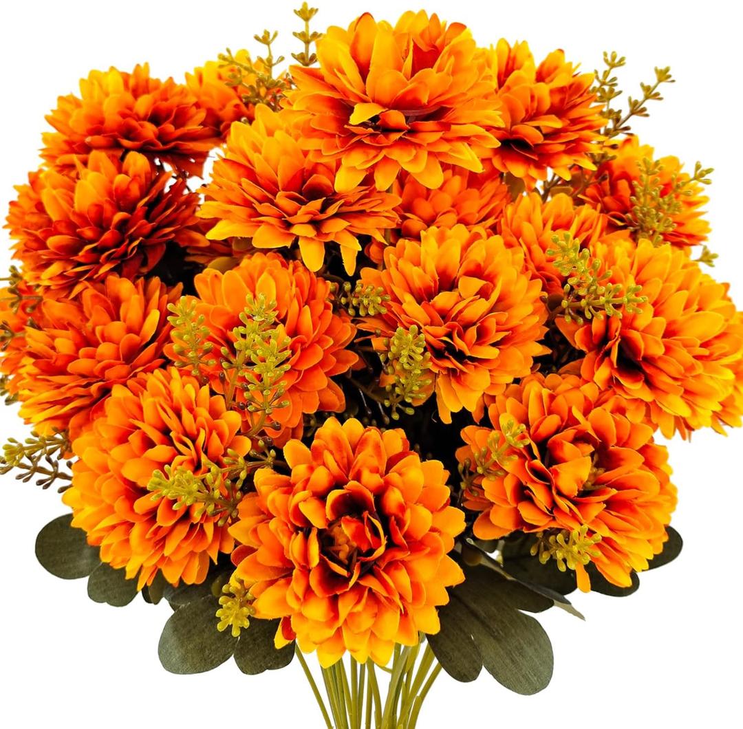 Fall Flowers Artificial Mums 2 Pcs 18 Heads Silk Chrysanthemums Fake Mums Faux Floral Bouquet Arrangements for Home Decor Indoor Outdoors Planter Pots Porch Wedding Autumn Decoration