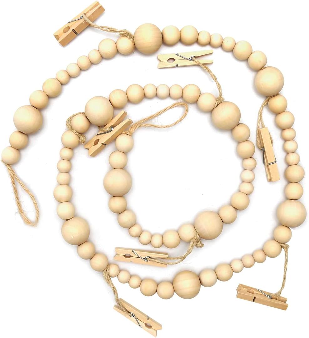 UOIENRT Wooden Beaded Garland with Clothespins, Farmhouse Hanging Garland Boho Style Photo Display for Classroom, Dormitory Decoration, Hanging Cards (4Ft)