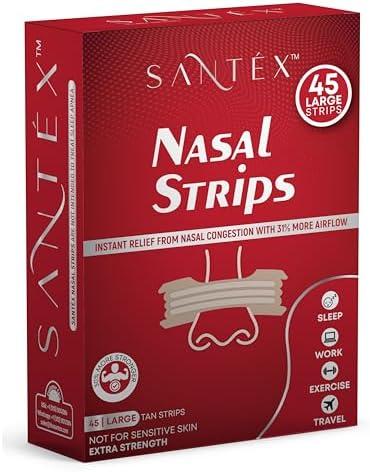 SANTÉX Large Tan Nasal Strips for Snoring Solution, Extra Strength, Nose Strips for Breathing Efficiency, Drug-Free Nasal Congestion Relief, Cold & Allergy, 45 ct., 30% Stronger,Set of 4