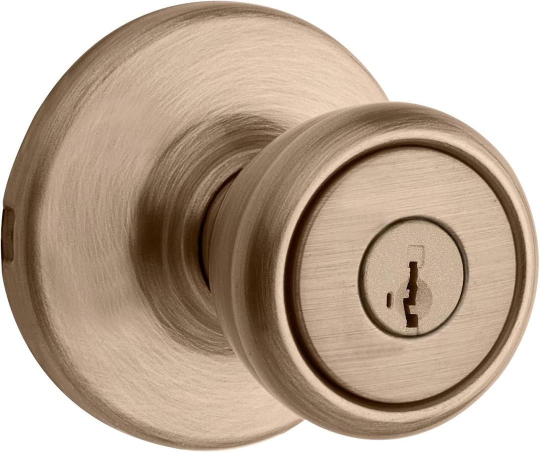 Kwikset Tylo Entry Door Knob with Lock and Key, Secure Keyed Handle Exterior, Front Entrance and Bedroom, Antique Brass, Pick Resistant SmartKey Rekey Security and Microban