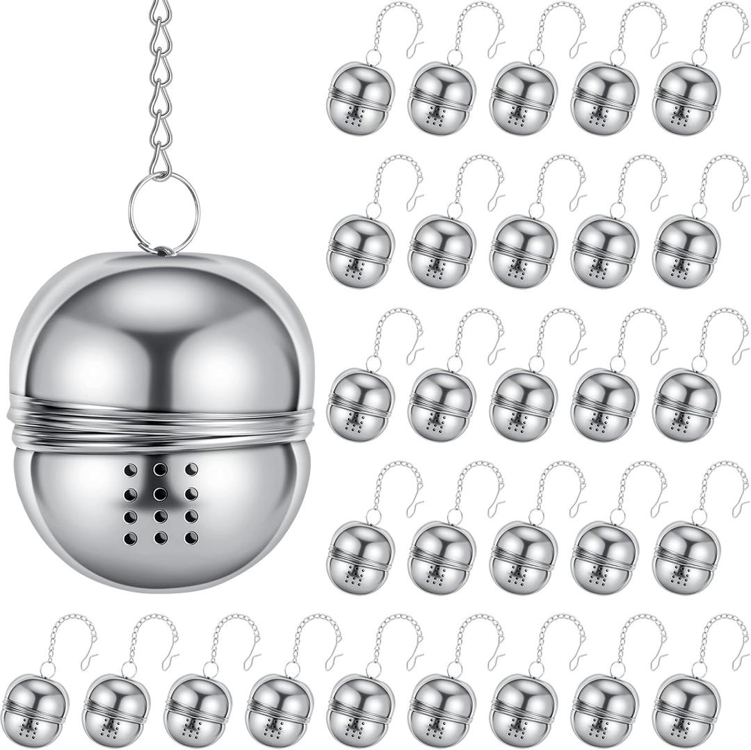 Sumind 25 Pcs Oval Tea Strainer Stainless Steel Ball Infuser Loose Leaf Steeper Interval Diffuser Mesh Tea Filters with Extended Chain Hook for Seasonings Cup Bottle(Silver)