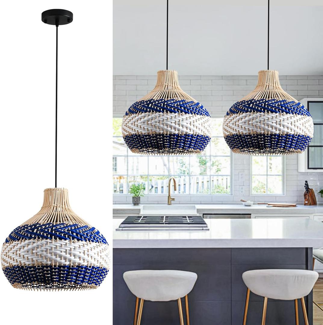 3-Light Rattan Pendant Light 15" Hand-Woven Blue White Wicker Basket Chandelier Boho Faux Rattan Hanging Light,for Living Room Bedroom Kitchen Hallway Dining Farmhouse