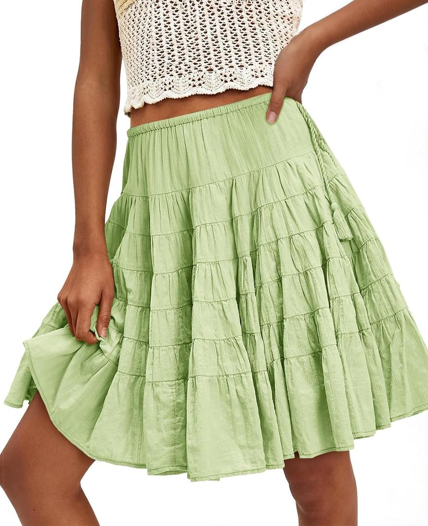 Cicy Bell Women Summer Pleated Skirts Boho Layered Tiered Knee Length Skirt | Low Rise, Flowy, Beach, Vacation Outfits, Trendy, Solid Color (Green, S)