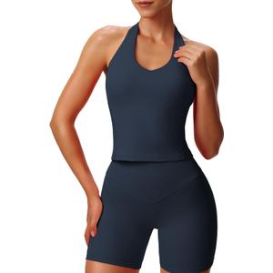 Aoxjox Women's Sleeveless Hailey Halter Tank Tops Workout Athletics Gym Yoga Curve Longline Crop Top (Large, Blueberry)