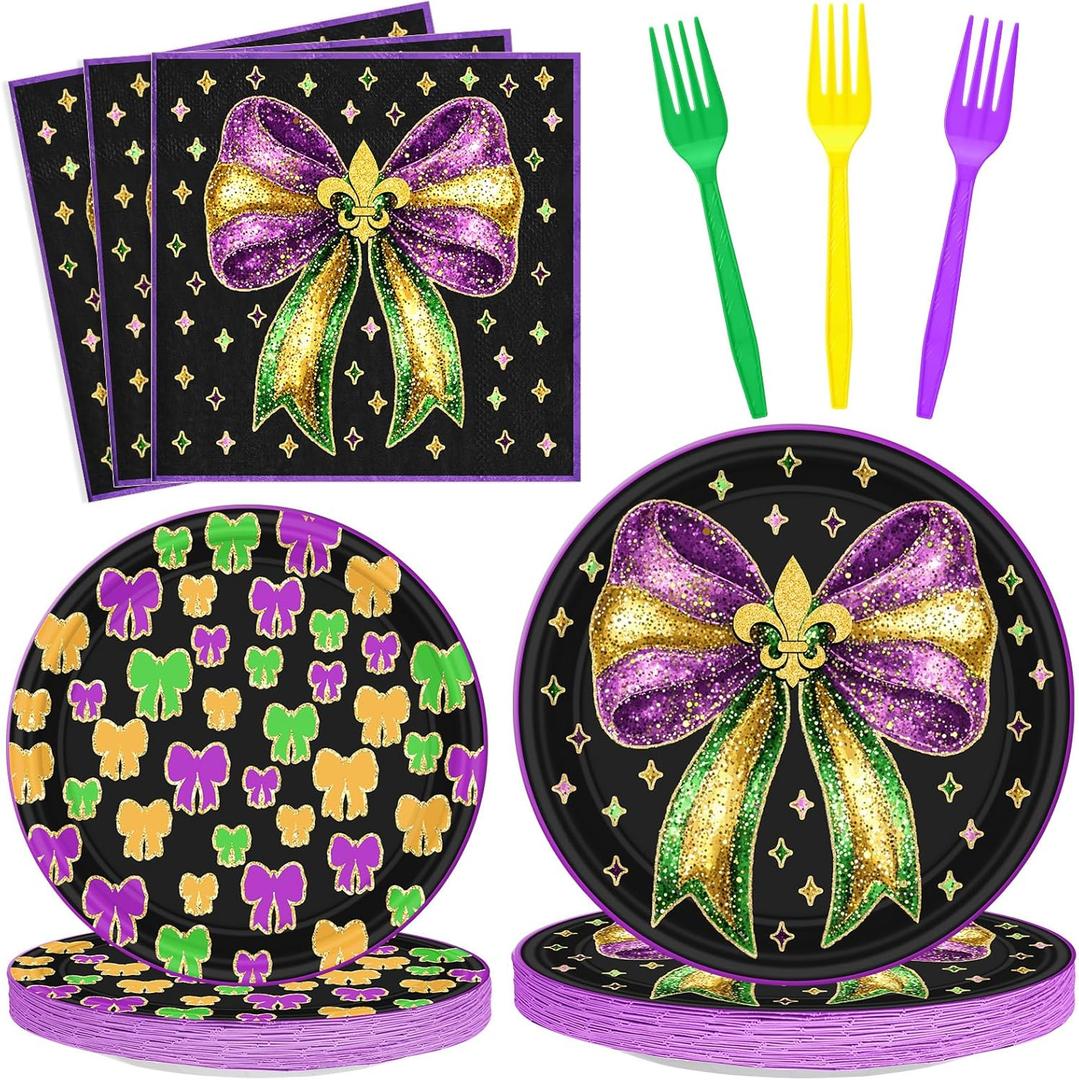 Havawish 96 Pcs Mardi Gras Party Supply Coquette Mardi Gras Plates and Napkins Gold Purple Bow Disposable Paper Plates Carnival Party Decoration for Birthday Baby Shower Tableware for 24 Guests