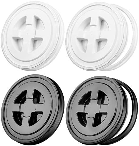 Aodaer 4 Pieces Seal Lid 5 Gallon Bucket Twist Lid Food Storage Container Lid Reusable Plastic Seal Lid Food Storage Container Lids (Black, White)
