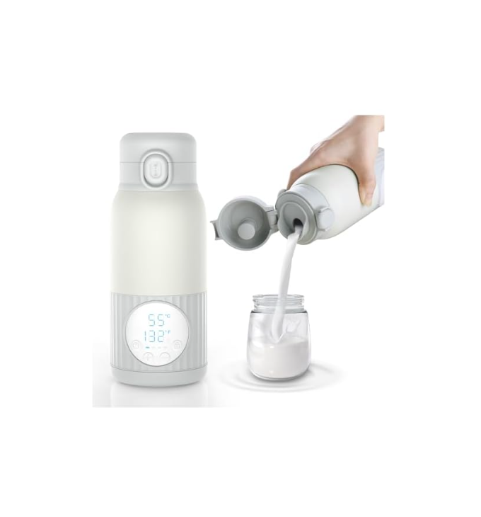 Portable Baby Bottle Warmer for Breast Milk, 100W Fast Heating & Precise Temp Control for Formula, Water, 13.5oz Large Capacity Milk Warmer for Travel, Car, Outdoors (Grey)