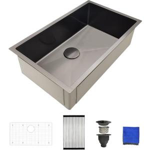 30 Inch Black Undermount Kitchen Sink - Delironexu Single Bowl Kitchen sinks, 16 Gauge Stainless Steel kitchen Sink Black with 4 Accessories, 30"x18"x9", Modern Design