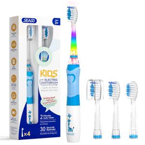 SEAGO Kids Electric Toothbrush with 2 Mins Brushing Timer and 4 Replacement Bursh Heads, Rainbow LED Light Make Brushing Fun, Boys Battery Powerd Toothbrush for 4-12 Years OldSG-977 (Light Blue)