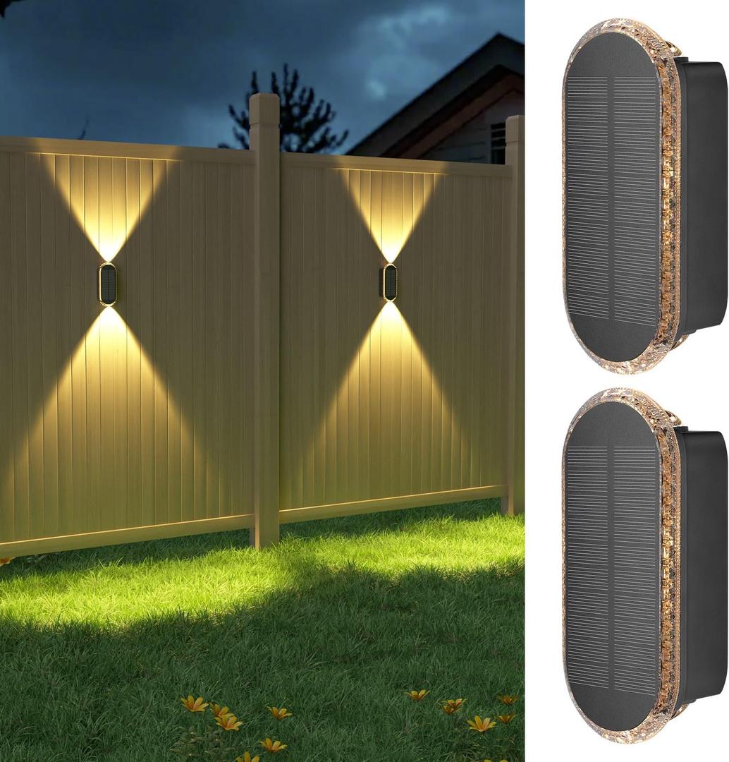 Ellasay Fence Lights Solar Powered,2 Pack Solar Wall Lights Outdoor Up and Down IP67 Waterproof,3 Colors Modes Brighter LED Lens Solar Lights Dusk to Dawn 12h for Patio,Backyard,Porch,Railing,Balcony (3000/4000/6000K)