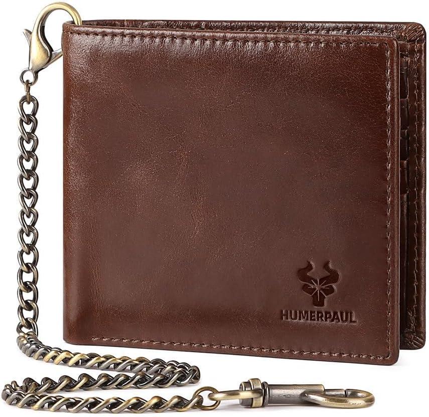 Genuine Leather Card Holder Wallet with Chain Accessory for Men, Women RFID Blocking 13 Card Slots 2 ID Windows 2 Bill Compartments Short Bi-Fold Wallet Gift (Brown)