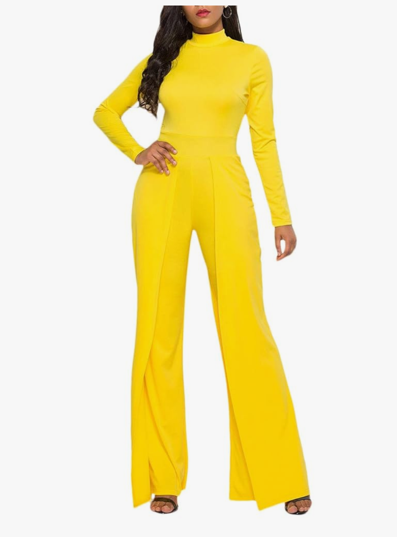 SEMATOMALA Women's Bodycon Long Sleeve Wide Leg Back Zip Up One Piece Black Long Romper Sexy Club Jumpsuit Overalls, M/L