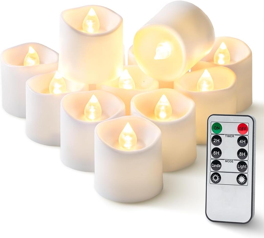 Homemory 12Pack 400+Hour Remote Control Flameless Candles, 2/4/6/8H Timer Led Votive Candles, Battery Operated Tea Lights for Wedding Table Centerpiece, Holidays, Halloween Pumpkins, Christmas Decor (White Base (Warm White Light))