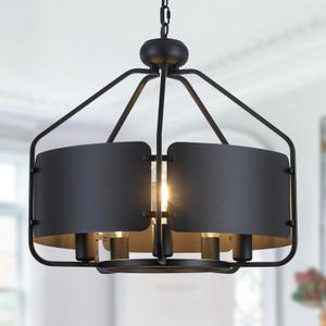 21'' Black Farmhouse Chandeliers for Dining Room, Vintage Industrial Large Drum Chandelier, Rustic Round Coastal Pendant Light Fixtures Adjustable Hanging for Kitchen Island Foyer Hallway - 5 Light