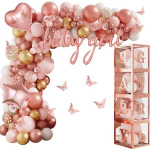 Amandir 134pcs Rose Gold Balloons Baby Shower Decorations for Girl Boxes, Butterfly Stickers Balloon Garland Arch Kit Baby Box with Letter (A-Z+Baby) for Women Birthday Bridal Party Decoration