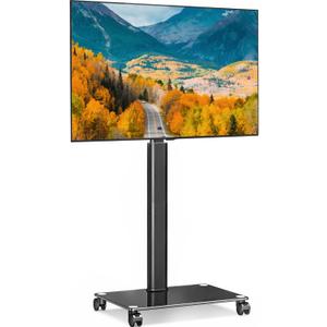 FITUEYES Mobile TV Stand with Wheels for 32-65Inch TV Screens, Rolling Floor Stand with Mount, Black Tempered Glass Base & Wire Management, Holds 66 lbs