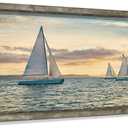 Coastal Framed Wooden Wall Art: Ocean Painting Art Sail Boats Artwork Decor Sunset Seascape Picture Prints for Bedroom 24"x12"