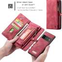 Google Pixel 6A Leather Detachable Wallet Zipper Case with 11 Card Slots Holder Magnetic Case for Google Pixel 6A Flip Wallet Handle Wrist Strap Pocket Handbag (Pixel 6A, Red)