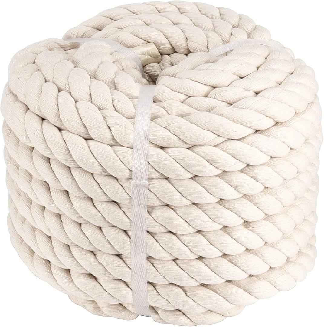 1 Inch x 50 Feet Natural Twisted Cotton Rope, Natural Thick Soft Rope, Cotton Craft Rope for Sports Tug of War, Outdoor Sports, Wedding, Home Decoration, Beige