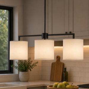 Emak Modern 34 Inch Kitchen Island Lighting, Black Dining Room Light Fixture with White Linen Drum Shade, Farmhouse 3-Light Linear Chandeliers for Dining Room, Kitchen, IL128-BK-WF-3