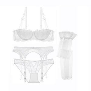 Varsbaby Women Push Up Bras Set Lace Lingerie Bra and Panties and Garter and Stocking 4 piece, L