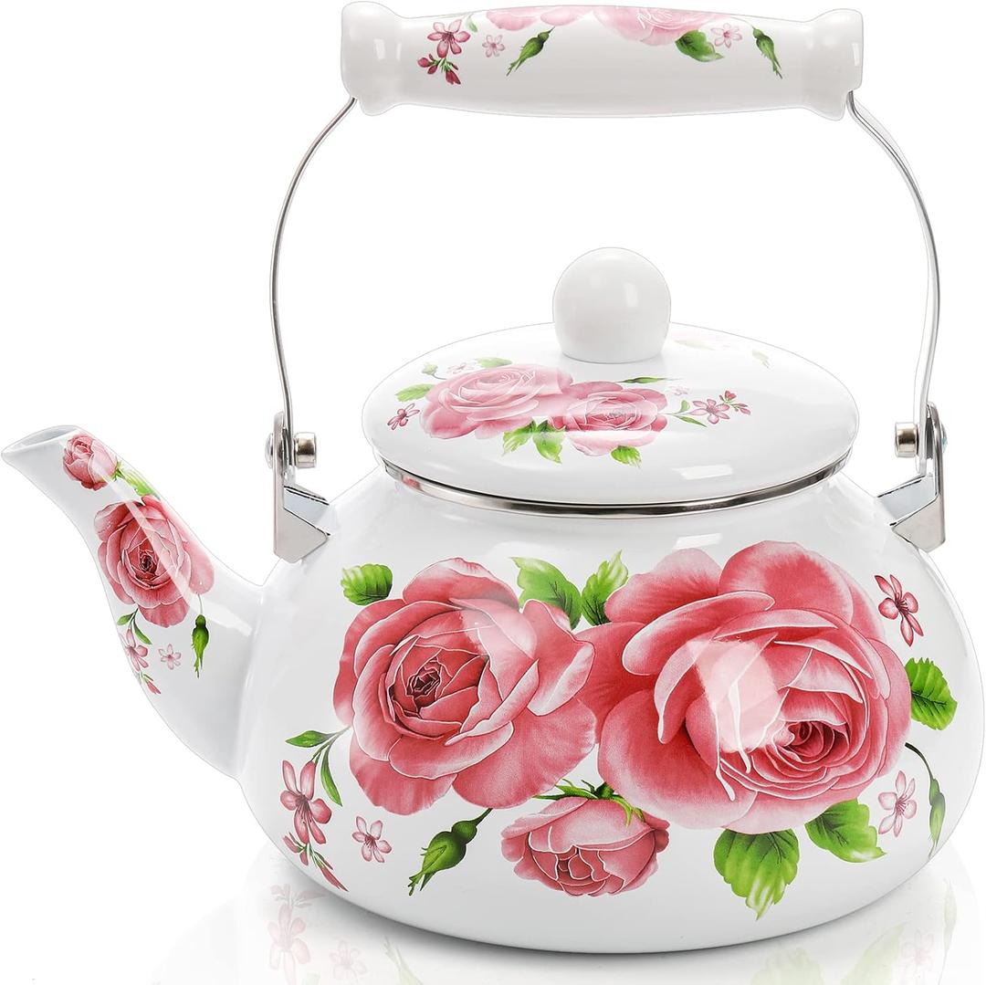 Hiceeden 2.6 Quart Enamel Tea Pot for Stovetop, Pink Vintage Tea Kettle with Floral Pattern, 2.5 L Delicate Cute Steel Water Kettle Pot with Porcelain Handle