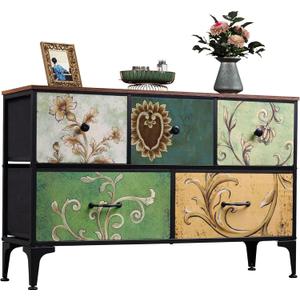 WLIVE Dresser for Bedroom with 5 Drawers, Wide Chest of Drawers, Fabric Dresser, Storage Organizer Unit with Fabric Bins for Closet, Living Room, Hallway, Floral Painted (11.73"D x 39.37"W x 25.08"H)