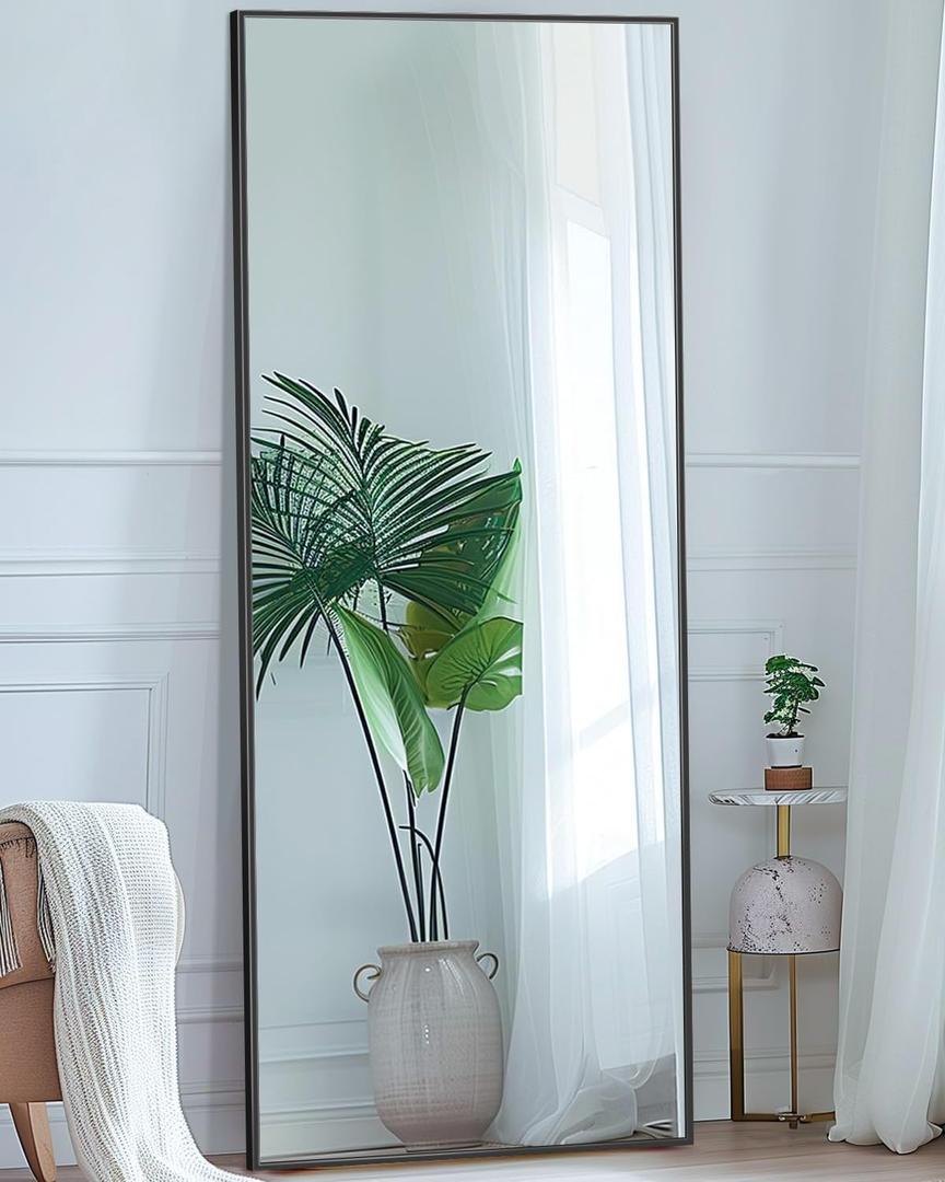 Antok Full Length Mirror, 56"x15" Floor Mirror with Stand, Hanging Mounted Mirrors for Bedroom, Living Room, Cloakroom, Dining Room, Black, Rect