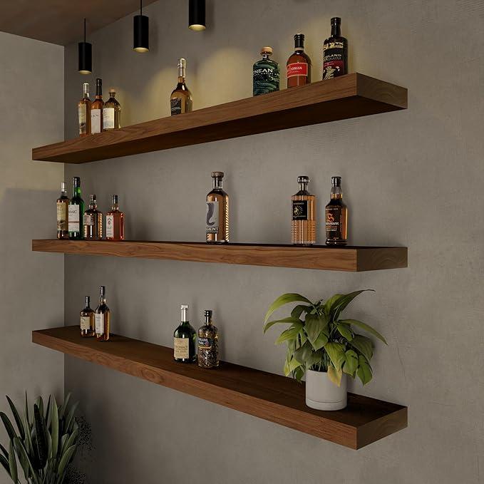 ROGMARS 60 Inches Long Walnut Floating Shelves,Rustic Solid Wood Farmhouse Wall Shelves with Invisible Brackets for Bathroom, Living Room, Bedroom, Kitchen Set of 2