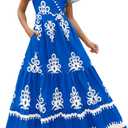 PRETTYGARDEN Womens 2026 Summer Casual V Neck Boho Maxi Dress Flowy Aline Bell Sleeve Tiered Floral Dresses with Pocket (Blue, L)