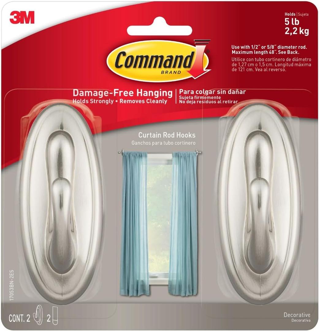 Command 5 lb Large Brushed Nickel Color Hooks, 2-Pack of 2 Wall Hooks and 2 Strips, Damage Free Coat Hooks with Adhesive Strips, Traditional Hooks for Hanging Christmas Decorations