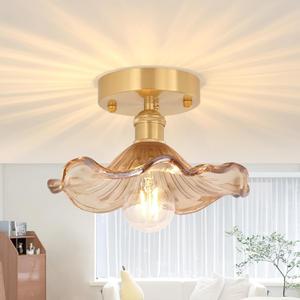 Semi Flush Mount Ceiling Light, Gold Hallway Vintage Lights Fixture Ceiling with Amber Water Lily Glass, Bulb Included, 4.72" Base Modern Ceiling Light Fixtures for Porch Kitchen Bedroom (Brass base (Bulb included), Water LilyAmber)