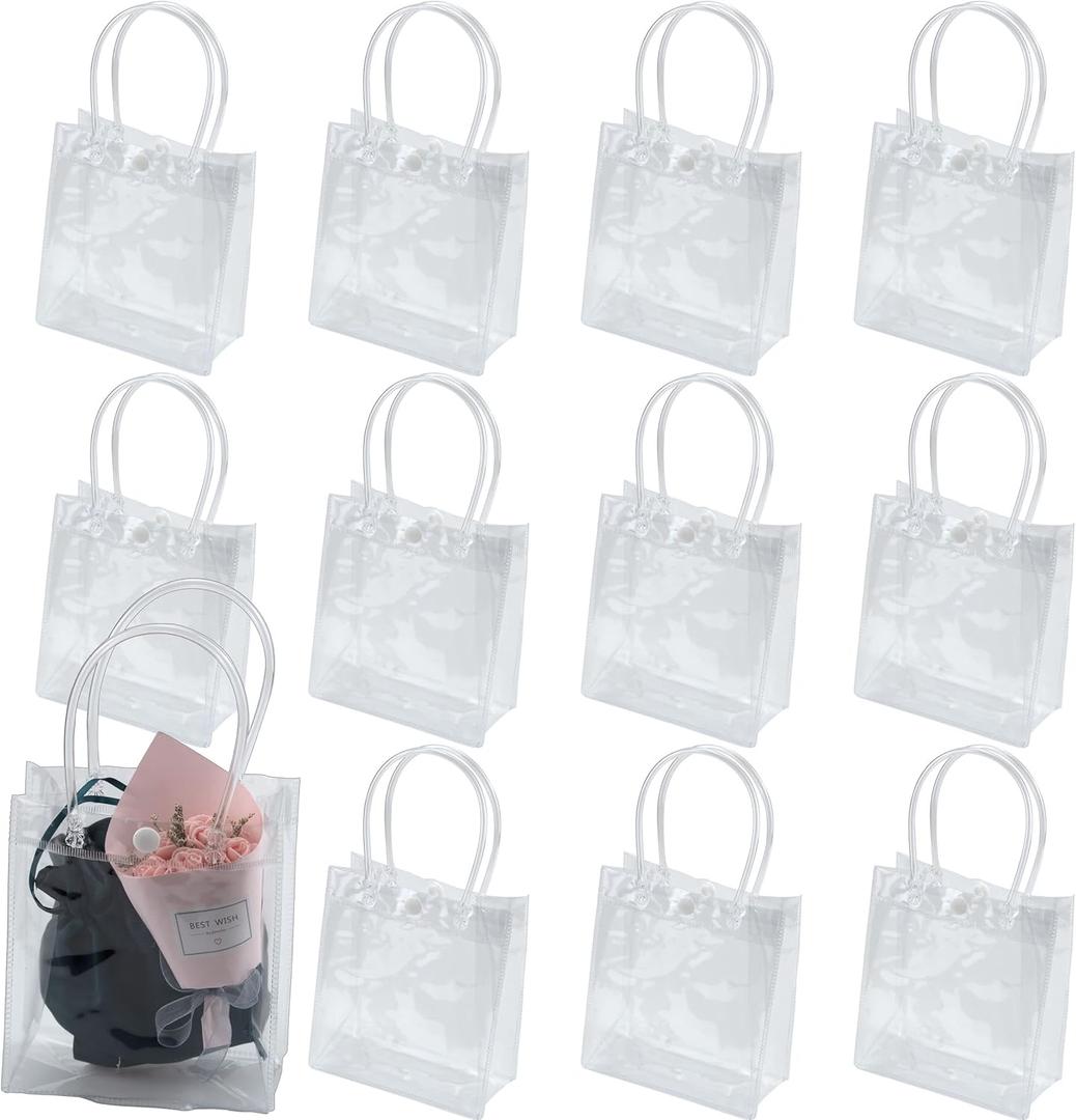 IFAMIO Reusable Clear PVC Tote Bag, 12 Pack Gift Bags with Handle, Transparent Gift Wrap Bags for Merchandise, Small Business, Retail Party, Versatile Display Dimensions