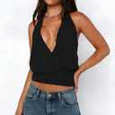 Women Halter Y2K Crop Top Sleeveless Cowl Neck Open Back Coquette Solid Color Slim Fit Going Out Tank Top Streetwear (Black, M)